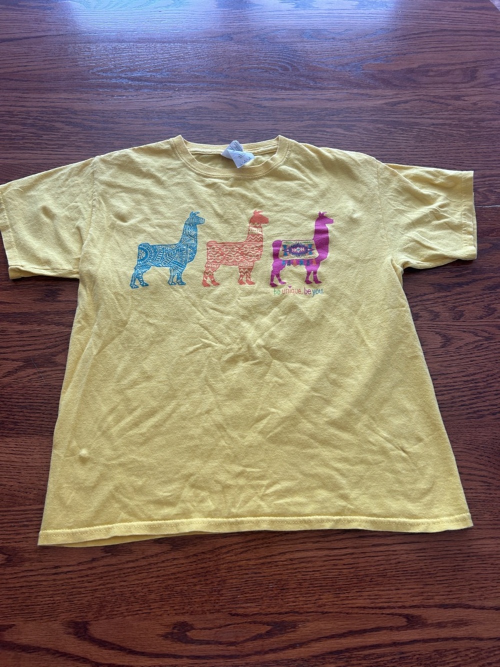 Gildan Yellow Tee with Blue, Orange & Purple Llama Trio